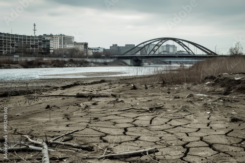 Urban Drought dry riverbed, bridge, and buildings reflecting deh photo