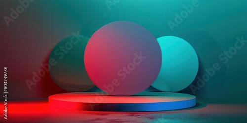 Abstract Background with Three Circular Platforms. Trendy and modern minimal podium with a geometric background of overlapping circles and gradients, creating a sleek and sophisticated design