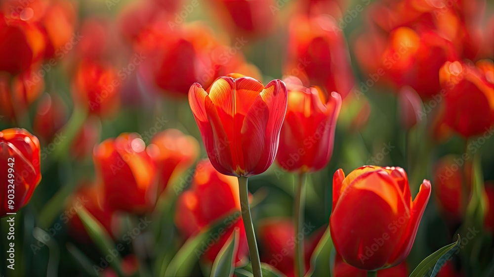 Fototapeta premium Red flower of tulip sort Red Princess Hybrids of tulips a beautiful spring bulbs Growing bulbous flowers in the garden