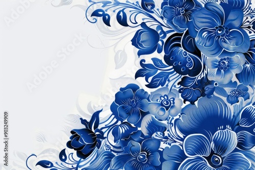 Floral khokhloma design in blue with white background, traditional Russian ornament, decorative illustration for print