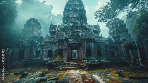 Ancient temple complex with surrounding jungle, mysterious and sacred  photo