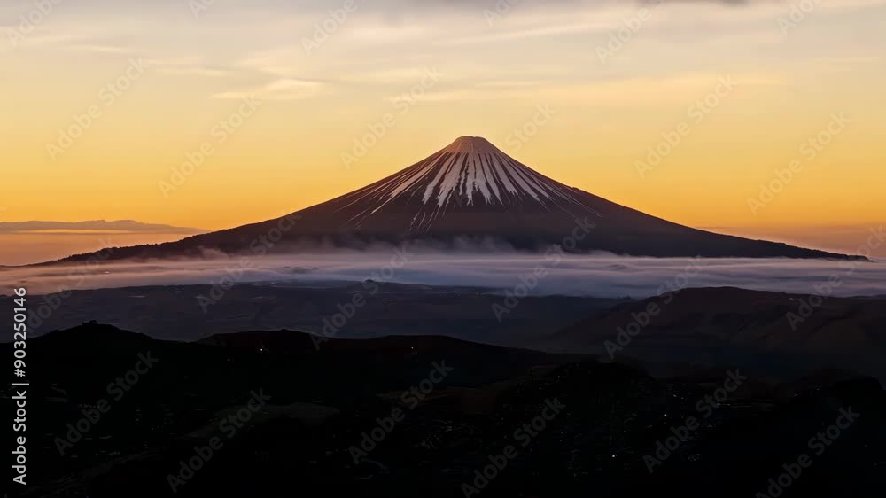 Stunning Sunset Over Snow-Capped Volcano and Foggy Landscape Stunning Sunset Over Snow-Capped Volcano and Foggy Landscape