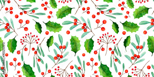 Bright watercolor green mistletoe and red holly berry seamless pattern. Beautiful watercolour Christmas tree branches, leaves and berries print for New Year wrapping paper, surface, textile design photo