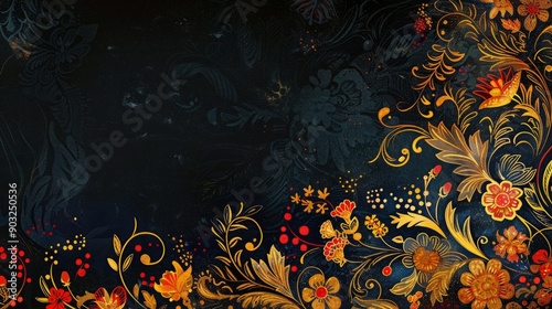 Floral Palekh-inspired national ornament on dark blue background with intricate gold and red detailing photo