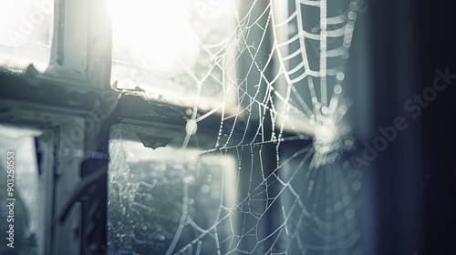 We haven wiped the dust for a long time Silvery spider webs glow in the sun in the corner of a modern window and sill x000D x000D photo