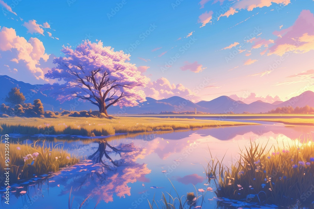 a Springtime tree at Dusk. Generative AI a Springtime tree at Dusk. Generative AI