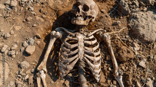 Skeleton human bones Archaeological excavation of dead person graveyard photo