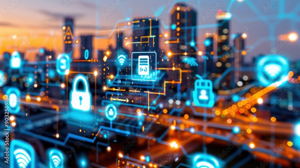 Fototapeta premium A cityscape with many different icons, including a lock, a wifi symbol