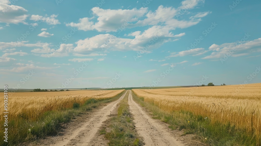 Fototapeta premium Arable farming Spring fields of grain wheat land in the flat steppe field road long journey