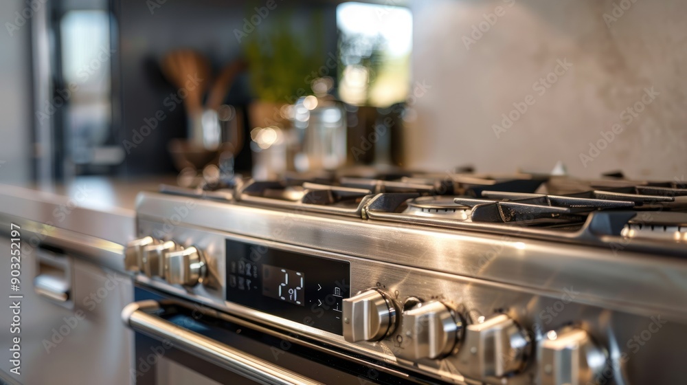 A closeup view of a modern stainless steel stovetop with black burners and silver knobs A closeup view of a modern stainless steel stovetop with black burners and silver knobs