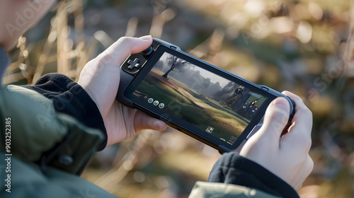 A person holding a gaming console and playing video games while on the go. photo