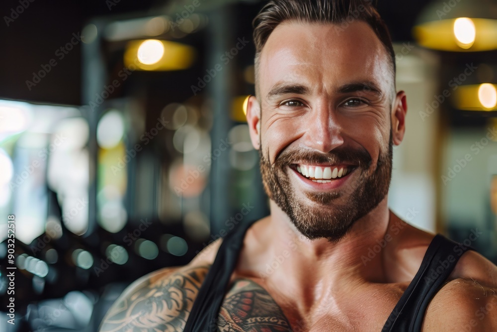 A fit muscular male personal trainer smiling at the camera in a gym, close up A fit muscular male personal trainer smiling at the camera in a gym, close up