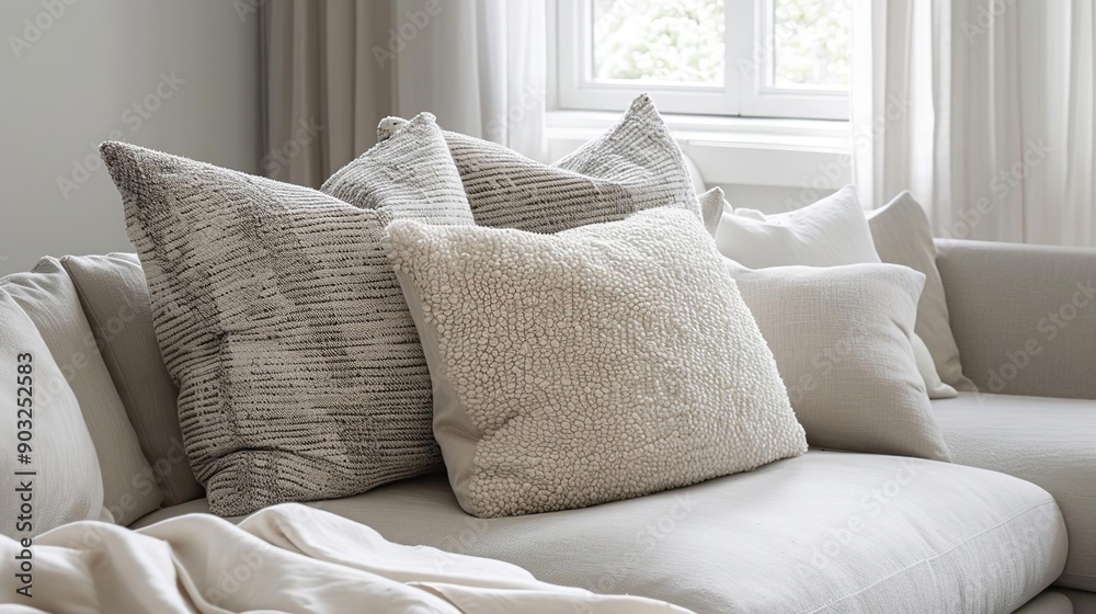 Cozy Living Room with Textured Throw Pillows and Neutral Sofa Cozy Living Room with Textured Throw Pillows and Neutral Sofa