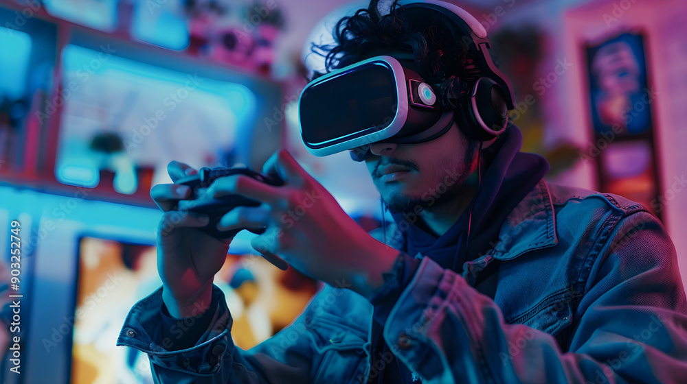 Person wearing VR headset playing mobile game, fully immersed in virtual reality world. Person wearing VR headset playing mobile game, fully immersed in virtual reality world.