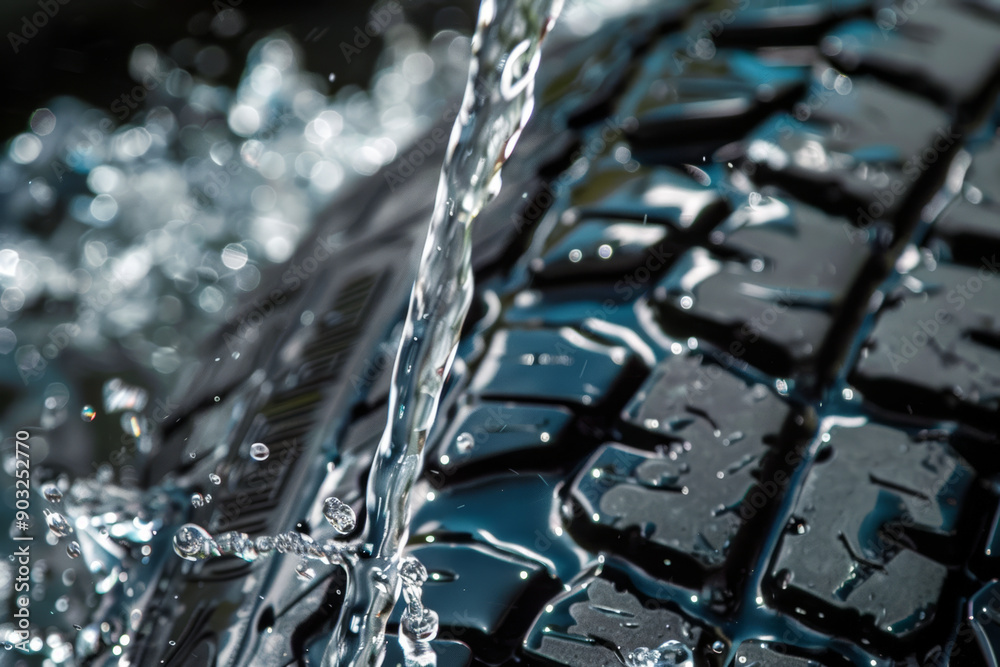 Closeup of water flowing on tire tread, showing durability and p Closeup of water flowing on tire tread, showing durability and p