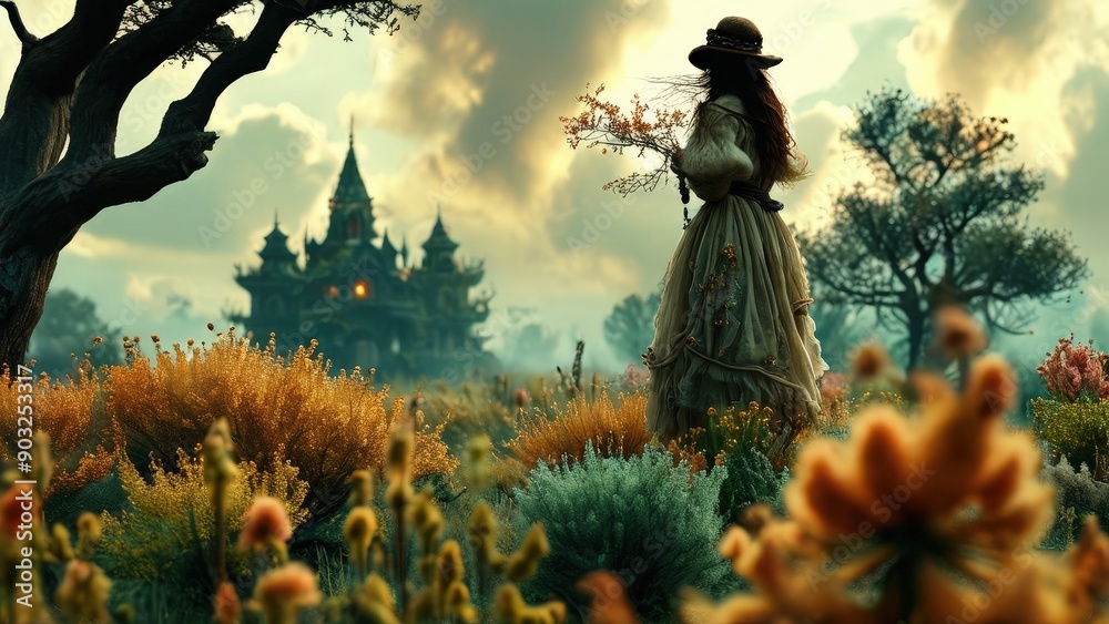 Woman in a Dress Standing in a Field with a Building in the Background. Woman in a Dress Standing in a Field with a Building in the Background.