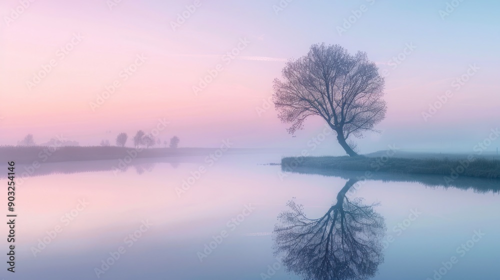 A Single Tree Silhouetted Against a Misty Sunrise Over a Still Lake A Single Tree Silhouetted Against a Misty Sunrise Over a Still Lake
