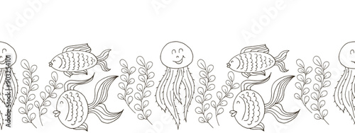 Marine seamless border. Monochrome fairy-tale drawing
