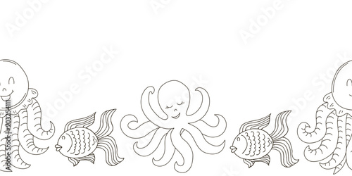 Marine seamless border. Monochrome fairy-tale drawing