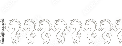 Marine seamless border. Monochrome fairy-tale drawing