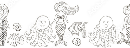 Marine seamless border. Monochrome fairy-tale drawing
