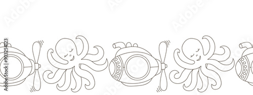 Marine seamless border. Monochrome fairy-tale drawing