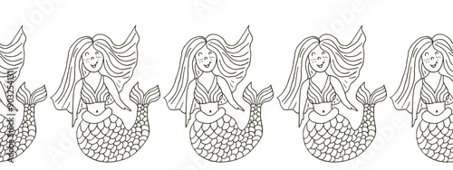 Marine seamless border. Monochrome fairy-tale drawing