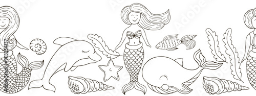 Marine seamless border. Monochrome fairy-tale drawing