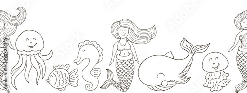 Marine seamless border. Monochrome fairy-tale drawing