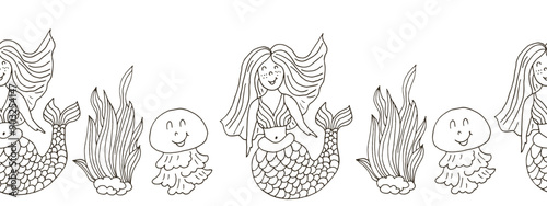 Marine seamless border. Monochrome fairy-tale drawing