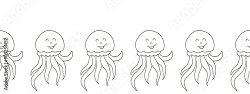 Marine seamless border. Monochrome fairy-tale drawing