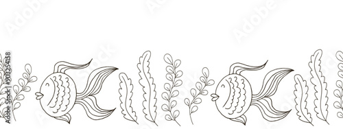 Marine seamless border. Monochrome fairy-tale drawing
