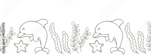 Marine seamless border. Monochrome fairy-tale drawing