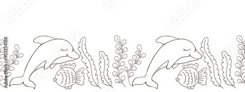 Marine seamless border. Monochrome fairy-tale drawing