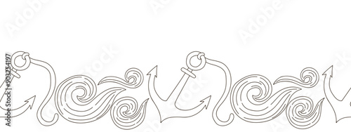 Marine seamless border. Monochrome fairy-tale drawing