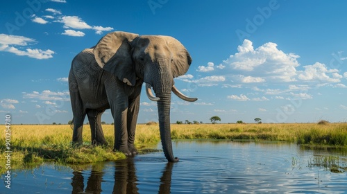 beautiful landscape with an elephant drinking water in a small lake in Africa with a blue sky