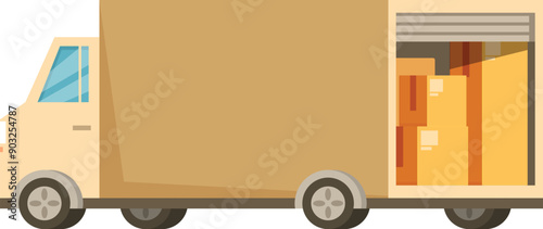 Delivery truck with open back full of cardboard boxes is carrying cargo