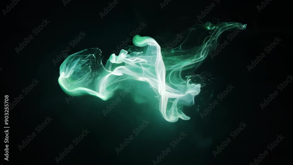 Close-up: Ethereal green and white wisps swirl against black backdrop. Static camera captures ghostly, ephemeral shapes. Misty tendrils scatter outward, creating dramatic contrast. Close-up: Ethereal green and white wisps swirl against black backdrop. Static camera captures ghostly, ephemeral shapes. Misty tendrils scatter outward, creating dramatic contrast.