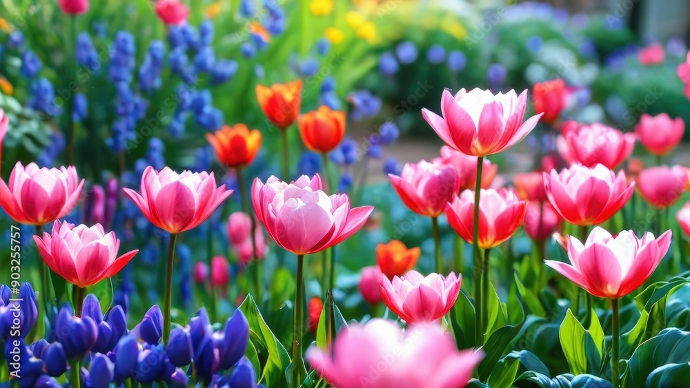 Pink Tulips in a Field of Blooms. Pink Tulips in a Field of Blooms.