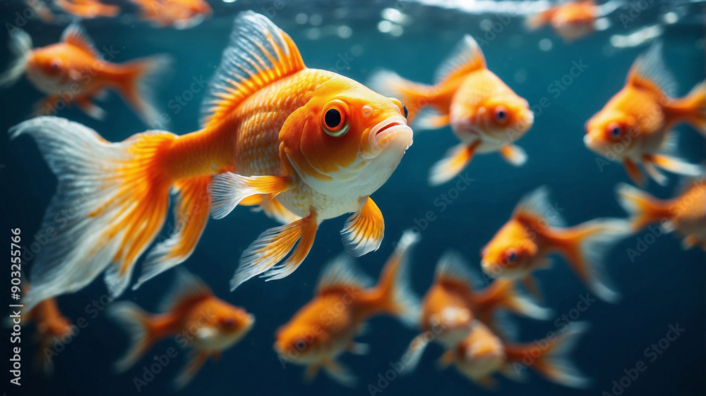 Vibrant Goldfish Swimming in Clear Teal Water Vibrant Goldfish Swimming in Clear Teal Water