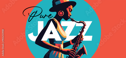 Pure Jazz - saxophone playing African American woman jazz musician in vibrant colors minimalist vector illustration.	