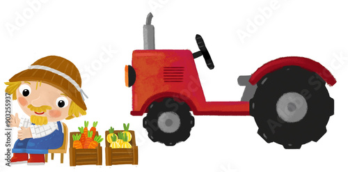 cartoon scene with farmer man standing doing some activity near tractor isolated background illustation for children