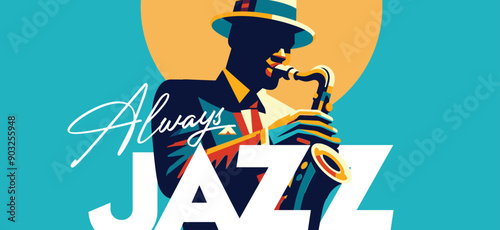 Always Jazz - saxophone playing African American man jazz musician in vibrant colors minimalist vector illustration.