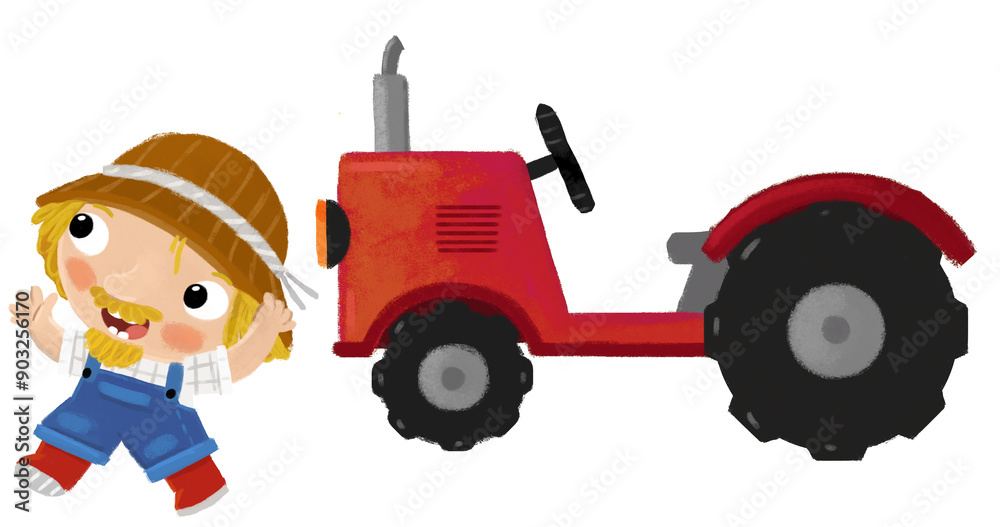 cartoon scene with farmer man standing doing some activity near tractor isolated background illustation for children cartoon scene with farmer man standing doing some activity near tractor isolated background illustation for children