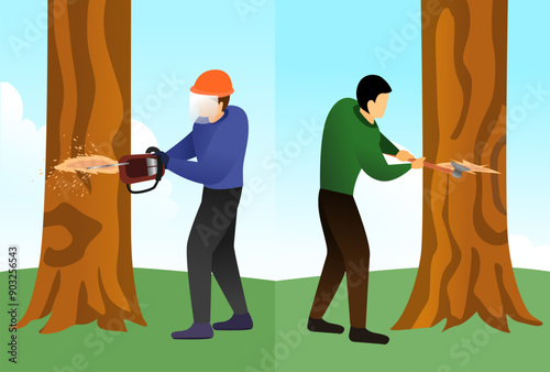 lumberjacks cut down trees in traditional and modern ways, chainsaw workers cutting the tree, cutting the tree with axe