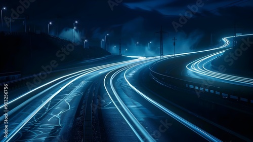 Winding road at night with reflective pavement markings
