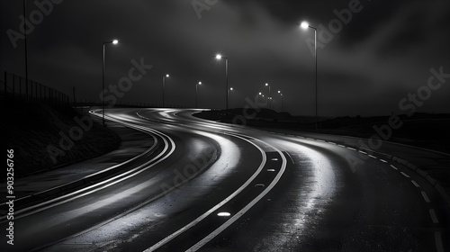 Winding road at night with reflective pavement markings
