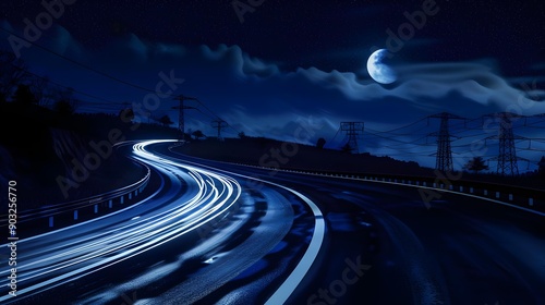 Winding road at night with reflective pavement markings