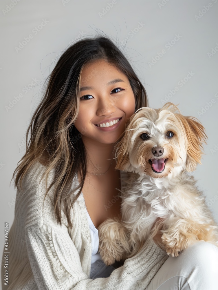 Smiling Asian woman in a cream sweater holding her happy fluffy dog on a soft white background Smiling Asian woman in a cream sweater holding her happy fluffy dog on a soft white background