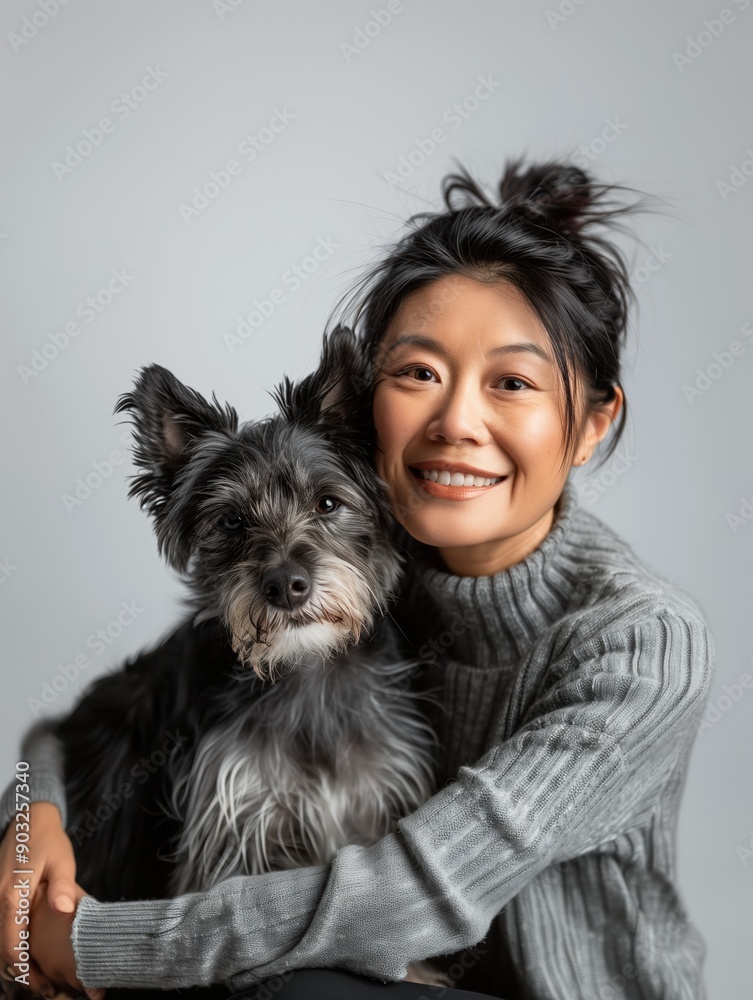 Smiling Asian woman in a gray sweater embracing her fluffy black and white dog on a light background